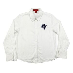 Carolina Herrera White Polka Dot Embroidered Logo Blouse - Women's Size 10 (M)